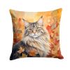 MaineCoon Cat in Fall Leaves Throw Pillow Machine Washable, Indoor Outdoor Decorative Pillow for Couch, Bed or Patio, 18Hx18W
